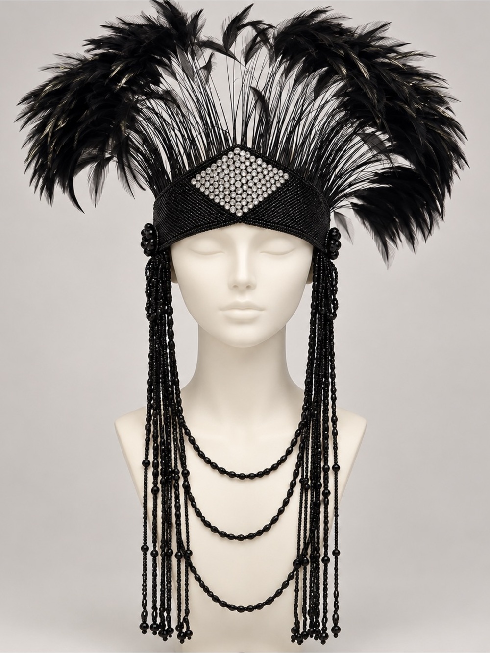 Black Feathered Beaded Flapper Headpiece